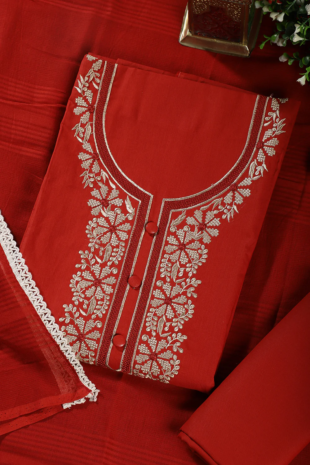 Rust Red Cotton Resham Embroidered Unstitched Suit - Image 2