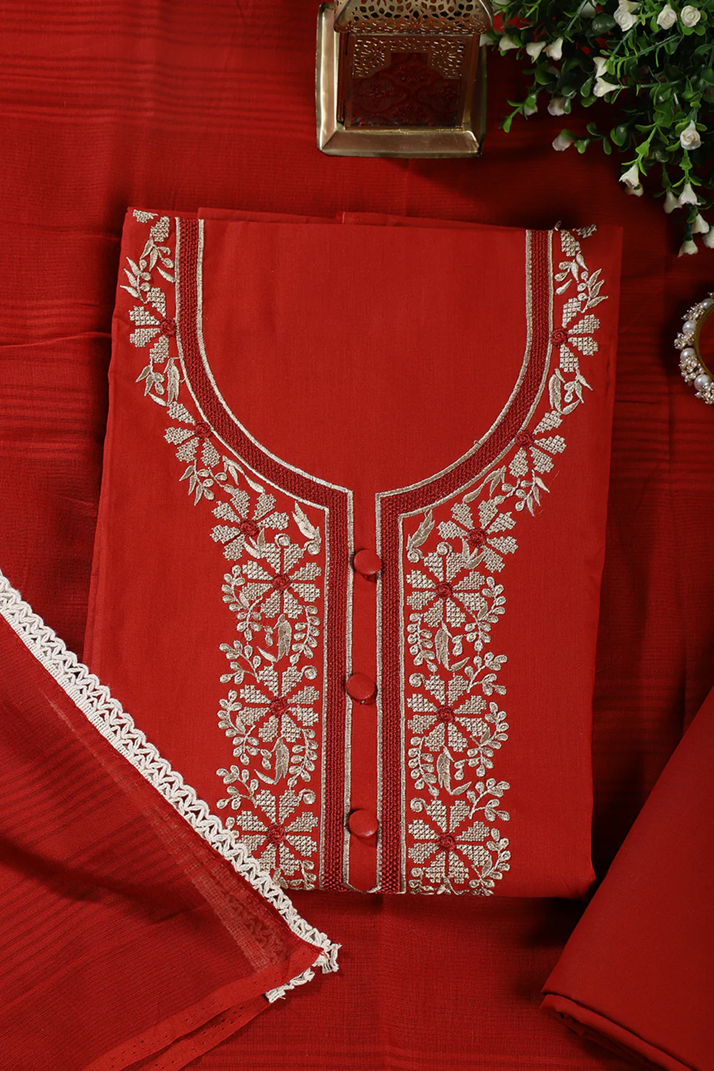 Rust Red Cotton Resham Embroidered Unstitched Suit - Image 3