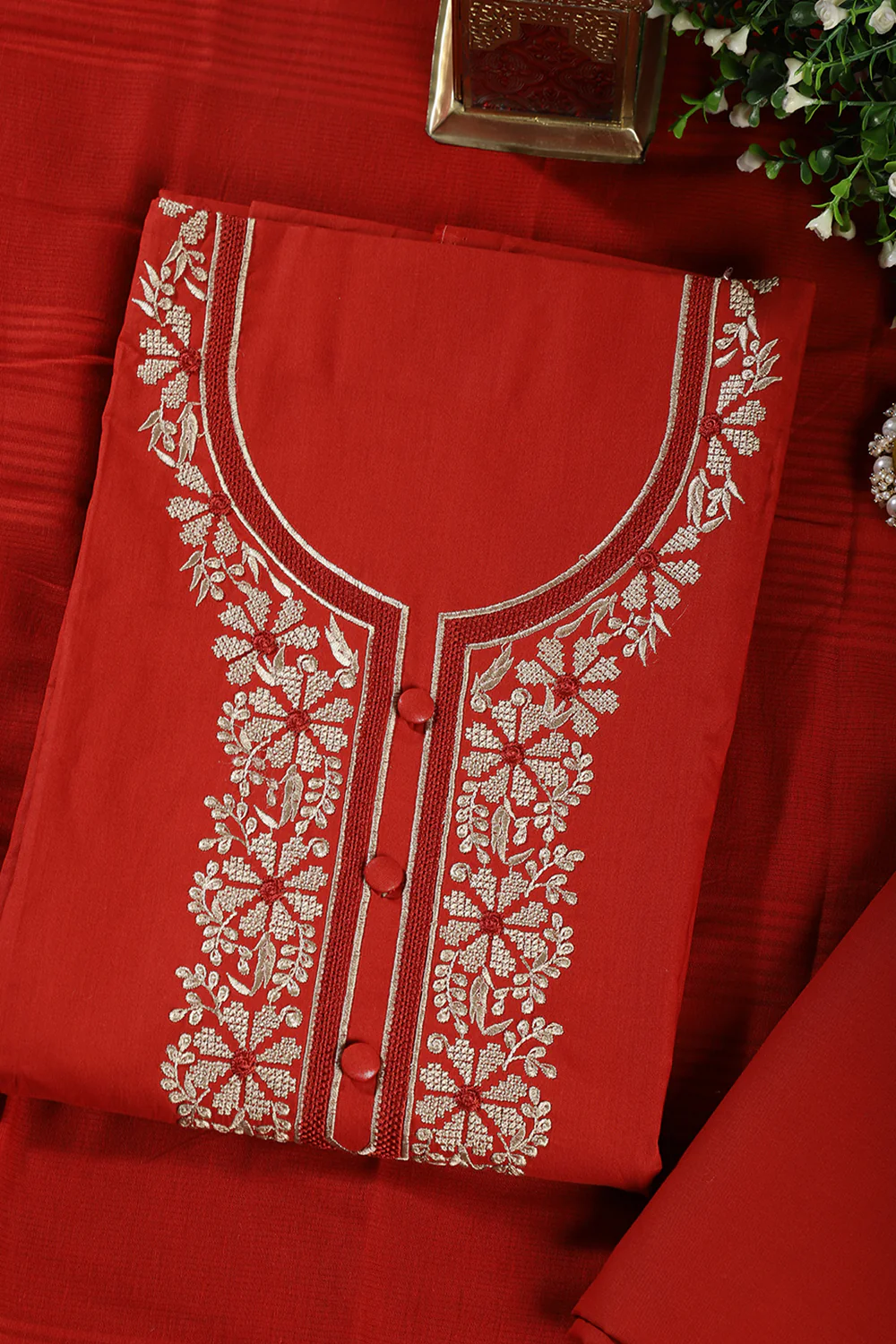 Rust Red Cotton Resham Embroidered Unstitched Suit - Image 4
