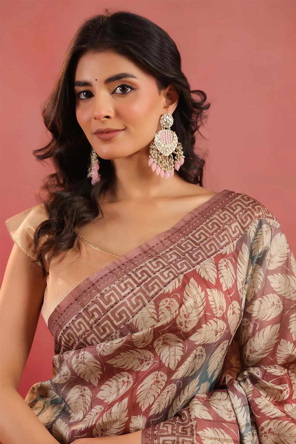 Rust Tussar Silk Printed Saree - Image 6