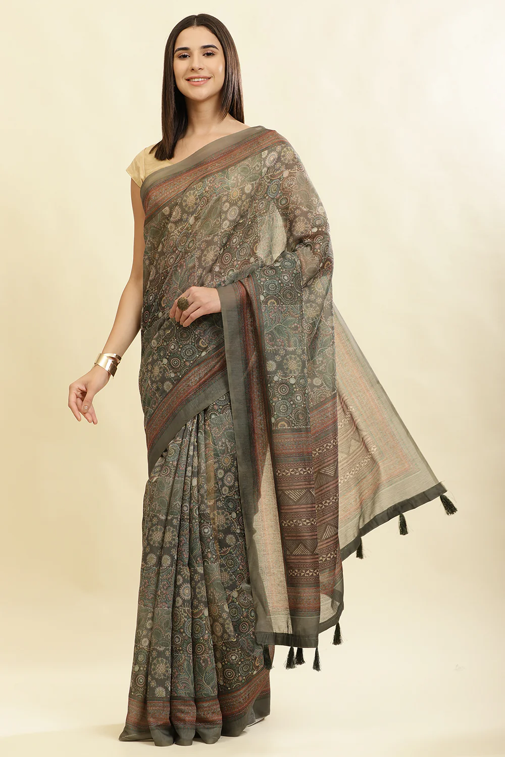 Sage Green Cotton Silk Printed Saree - Image 2