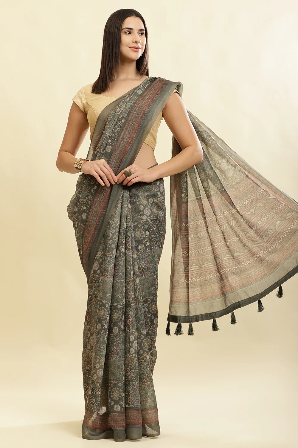 Sage Green Cotton Silk Printed Saree - Image 4