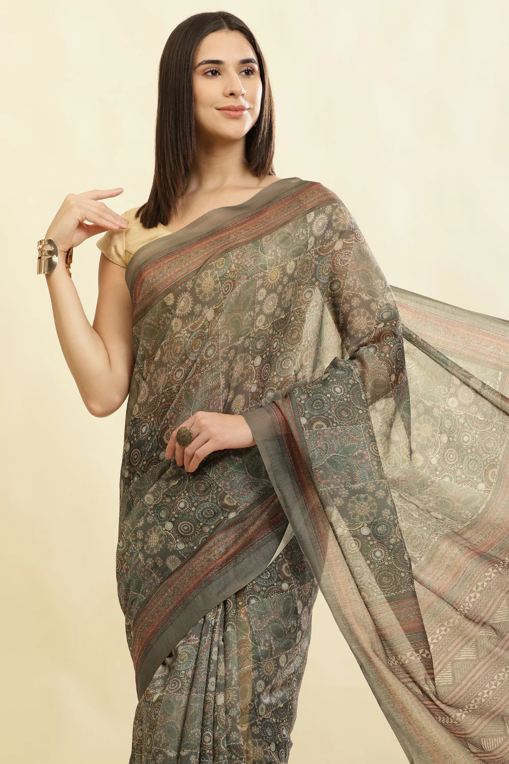 Sage Green Cotton Silk Printed Saree - Image 7