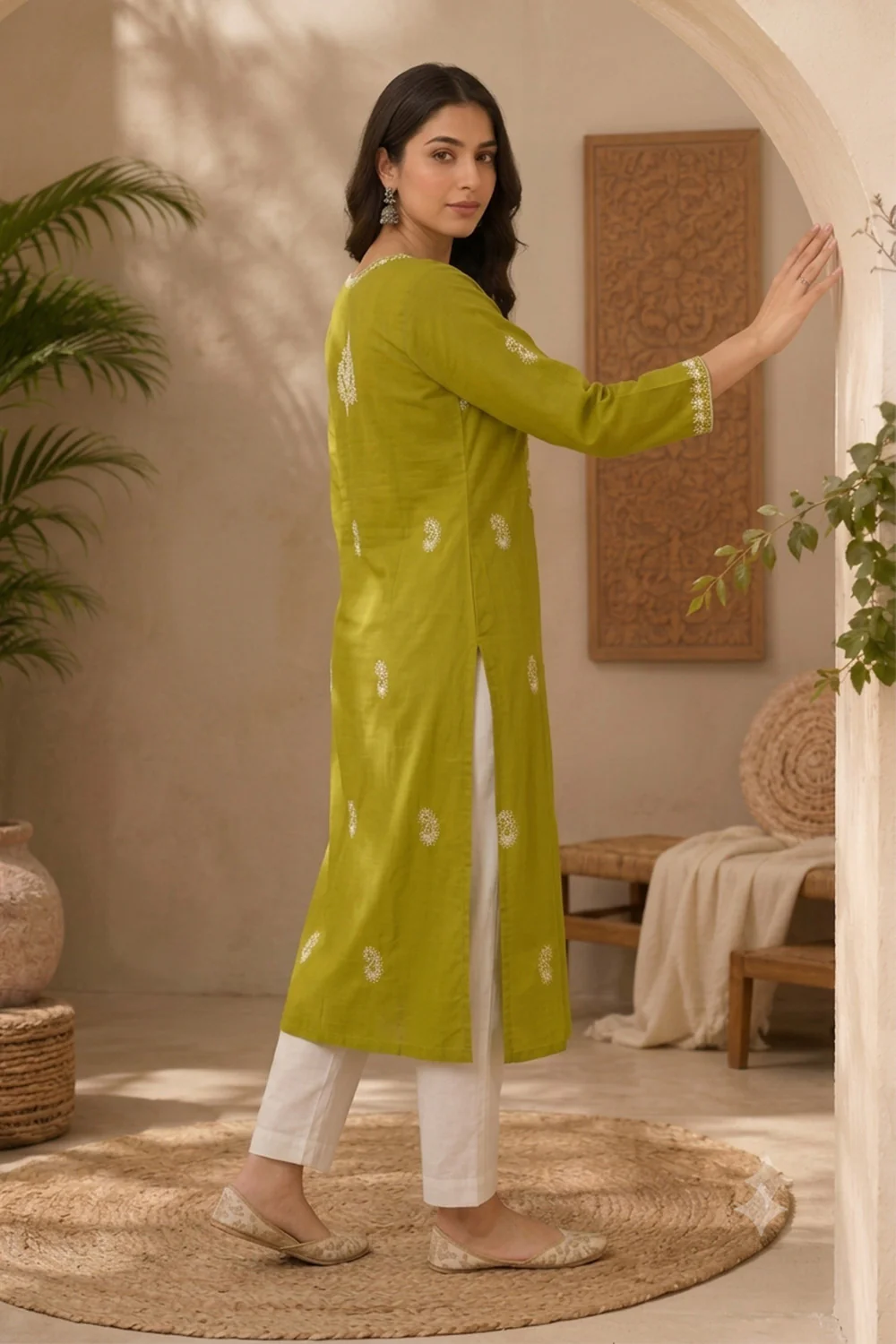 Sage Green Resham Embroidered Cotton Kurta - Image 2