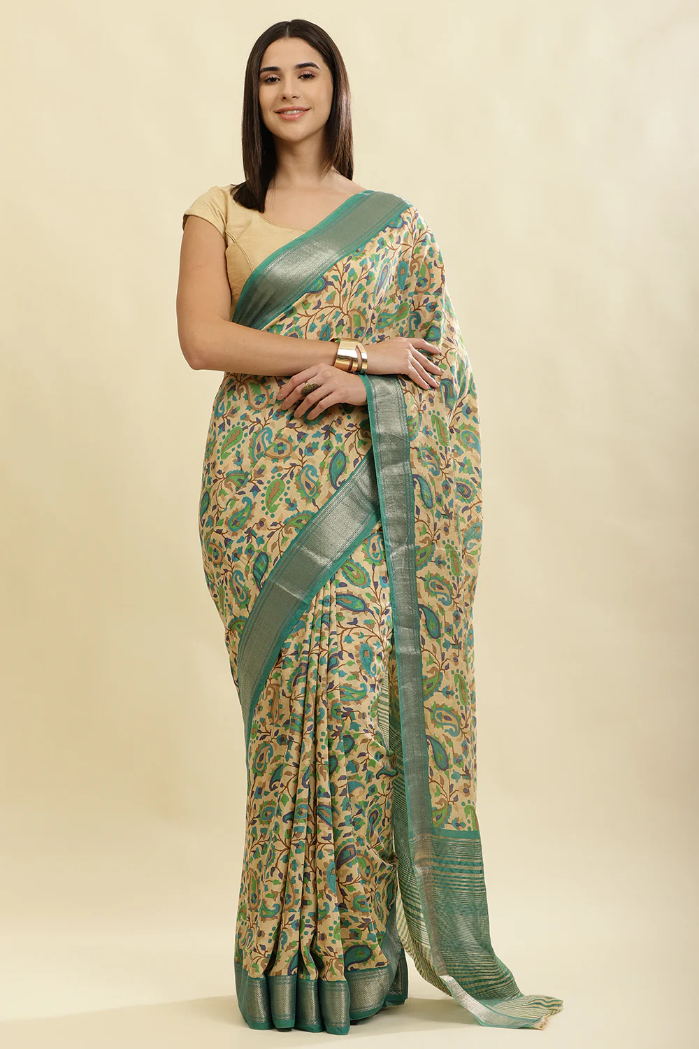 Sea Green & Beige Cotton Silk Floral Boota Printed Saree