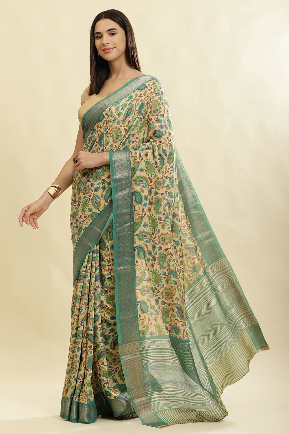 Sea Green & Beige Cotton Silk Floral Boota Printed Saree - Image 2