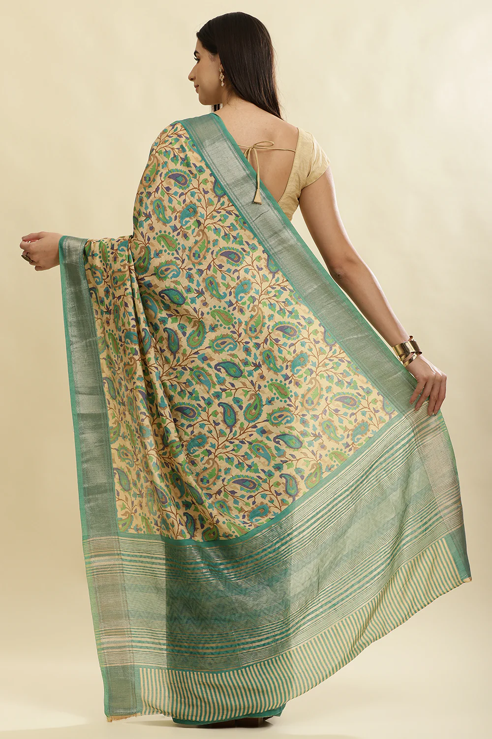 Sea Green & Beige Cotton Silk Floral Boota Printed Saree - Image 3