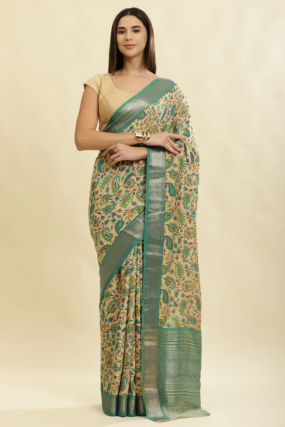 Sea Green & Beige Cotton Silk Floral Boota Printed Saree - Image 4