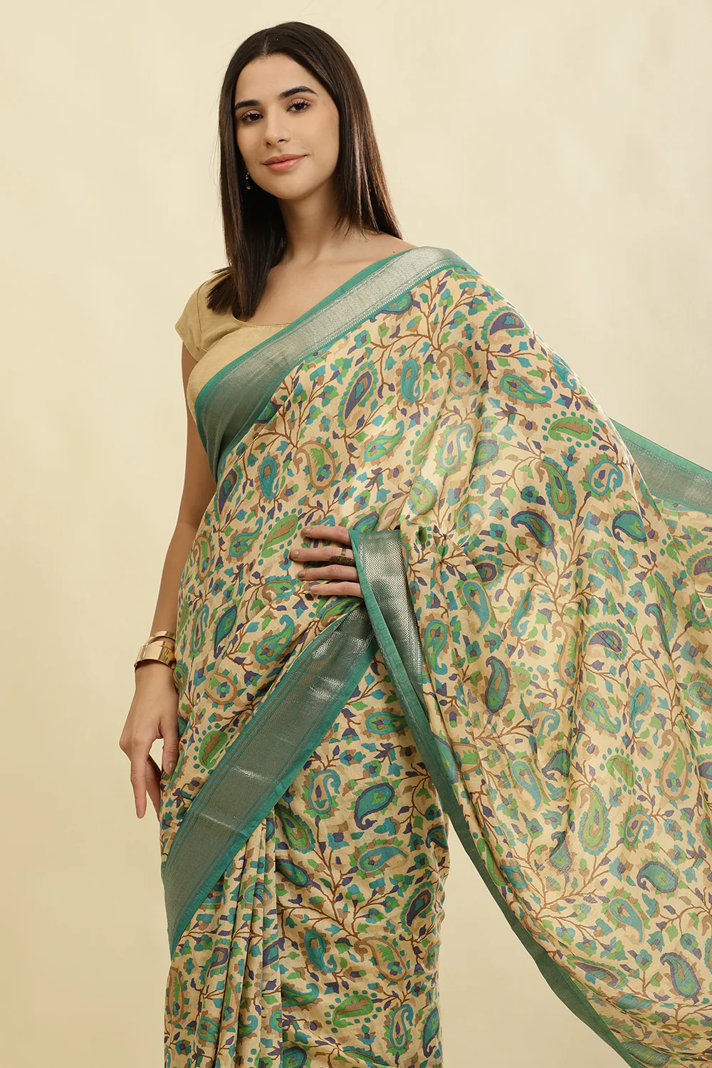 Sea Green & Beige Cotton Silk Floral Boota Printed Saree - Image 6