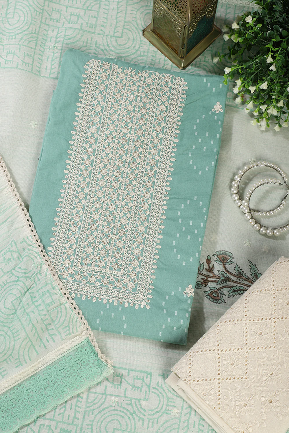 Sea Green Colour Cotton Printed & Resham Neck Embroidered Unstitched Suit - Image 2
