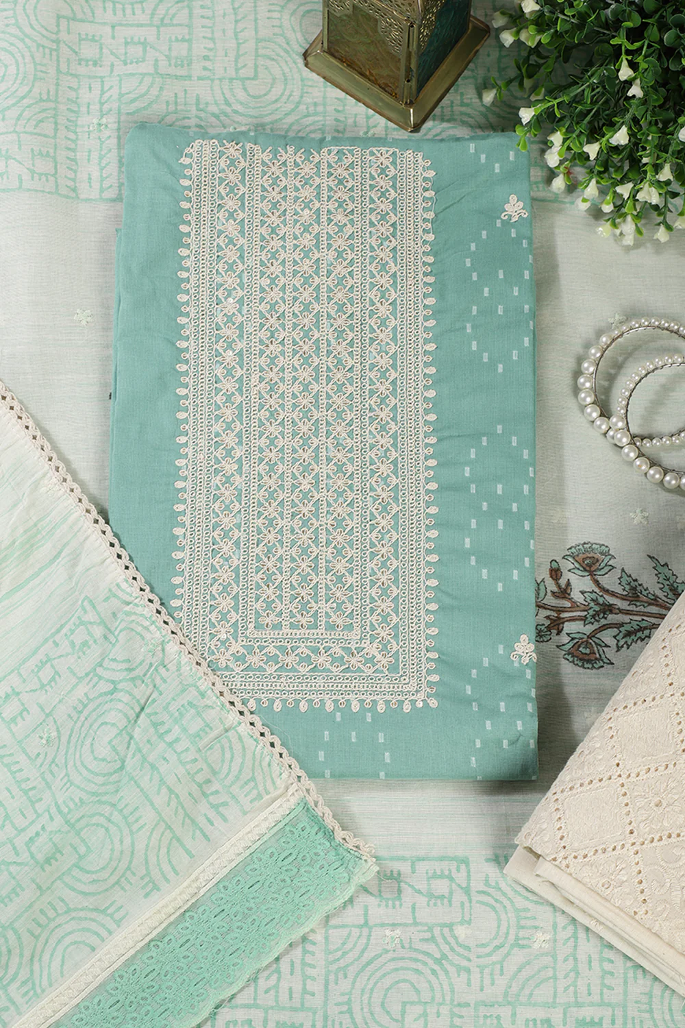 Sea Green Colour Cotton Printed & Resham Neck Embroidered Unstitched Suit - Image 3