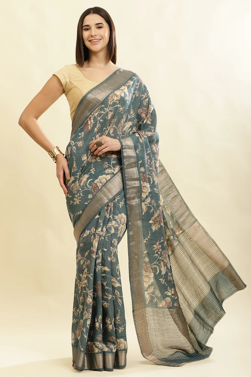 Sea Green Cotton Silk Floral Printed & Zari Border Saree