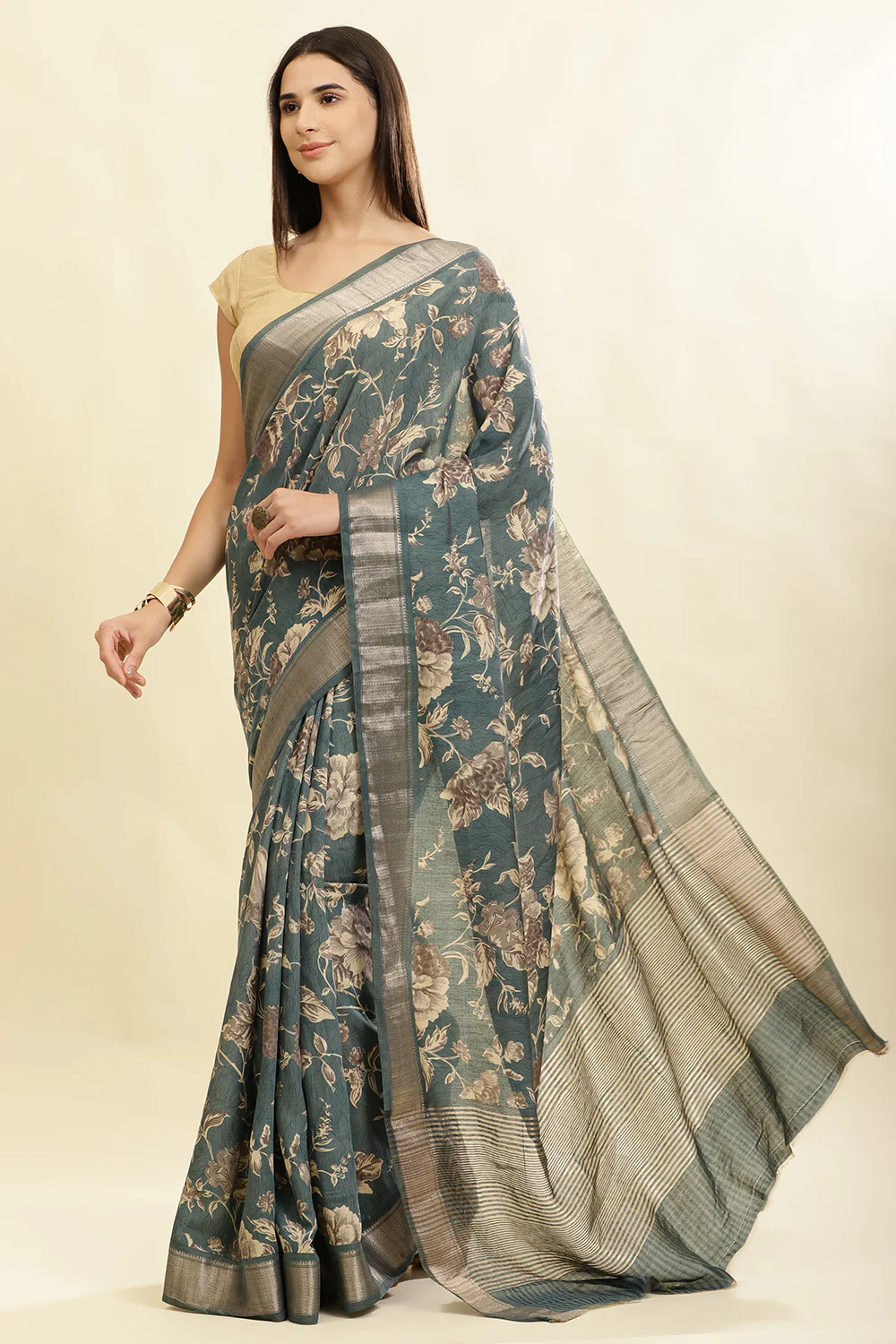 Sea Green Cotton Silk Floral Printed & Zari Border Saree - Image 2