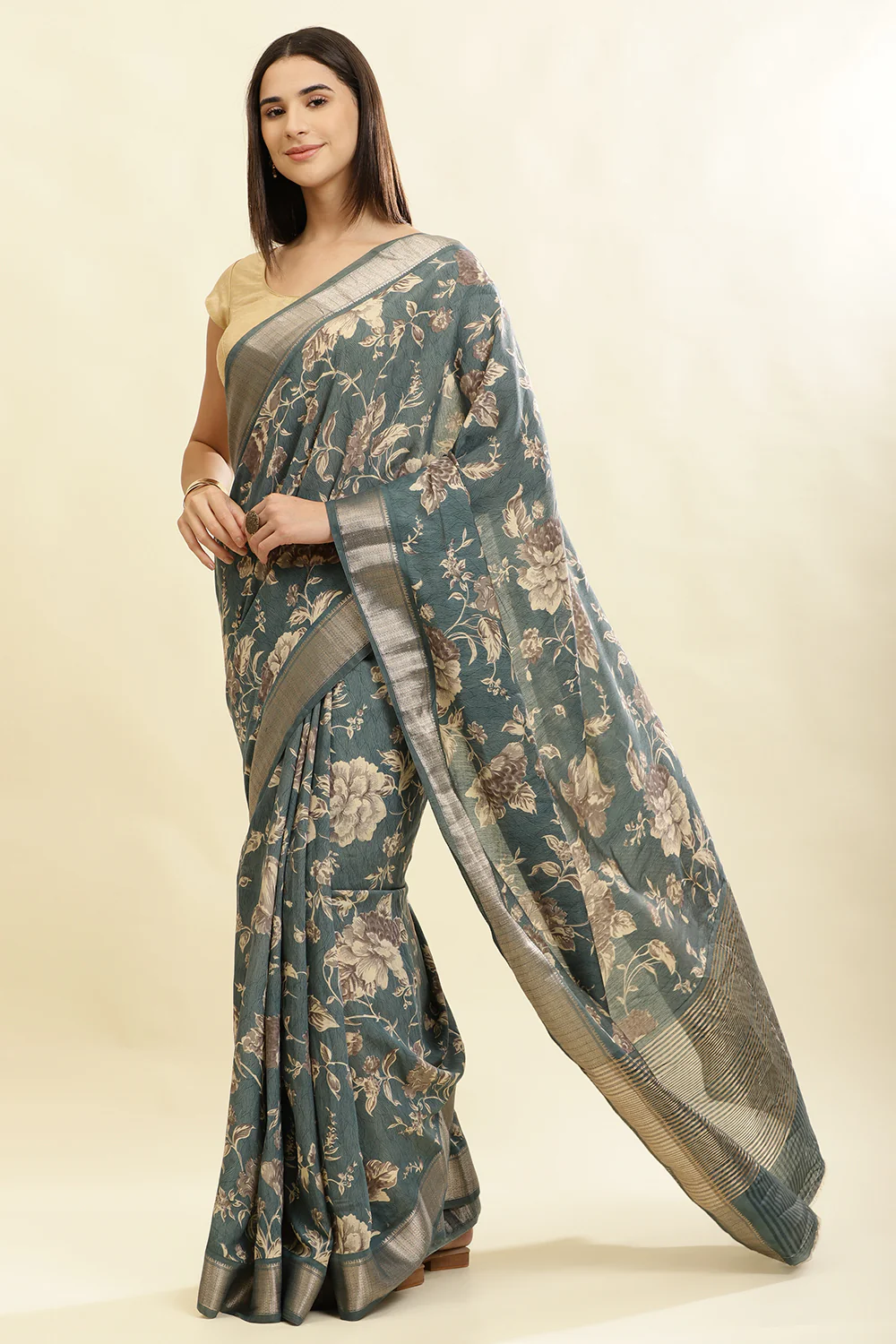 Sea Green Cotton Silk Floral Printed & Zari Border Saree - Image 3