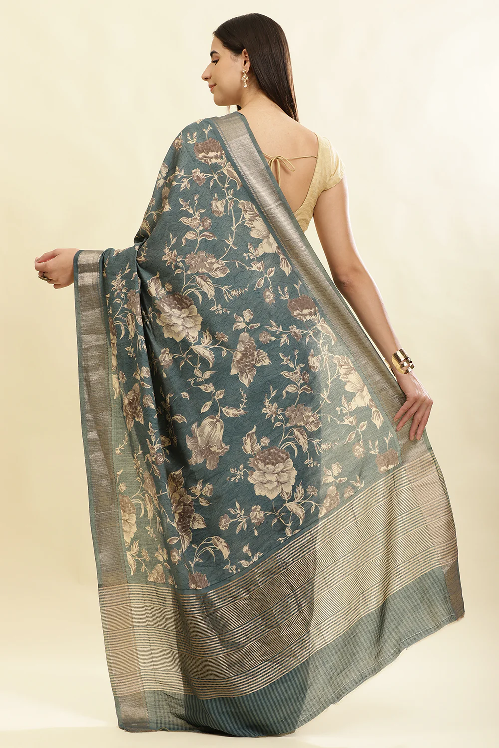 Sea Green Cotton Silk Floral Printed & Zari Border Saree - Image 4