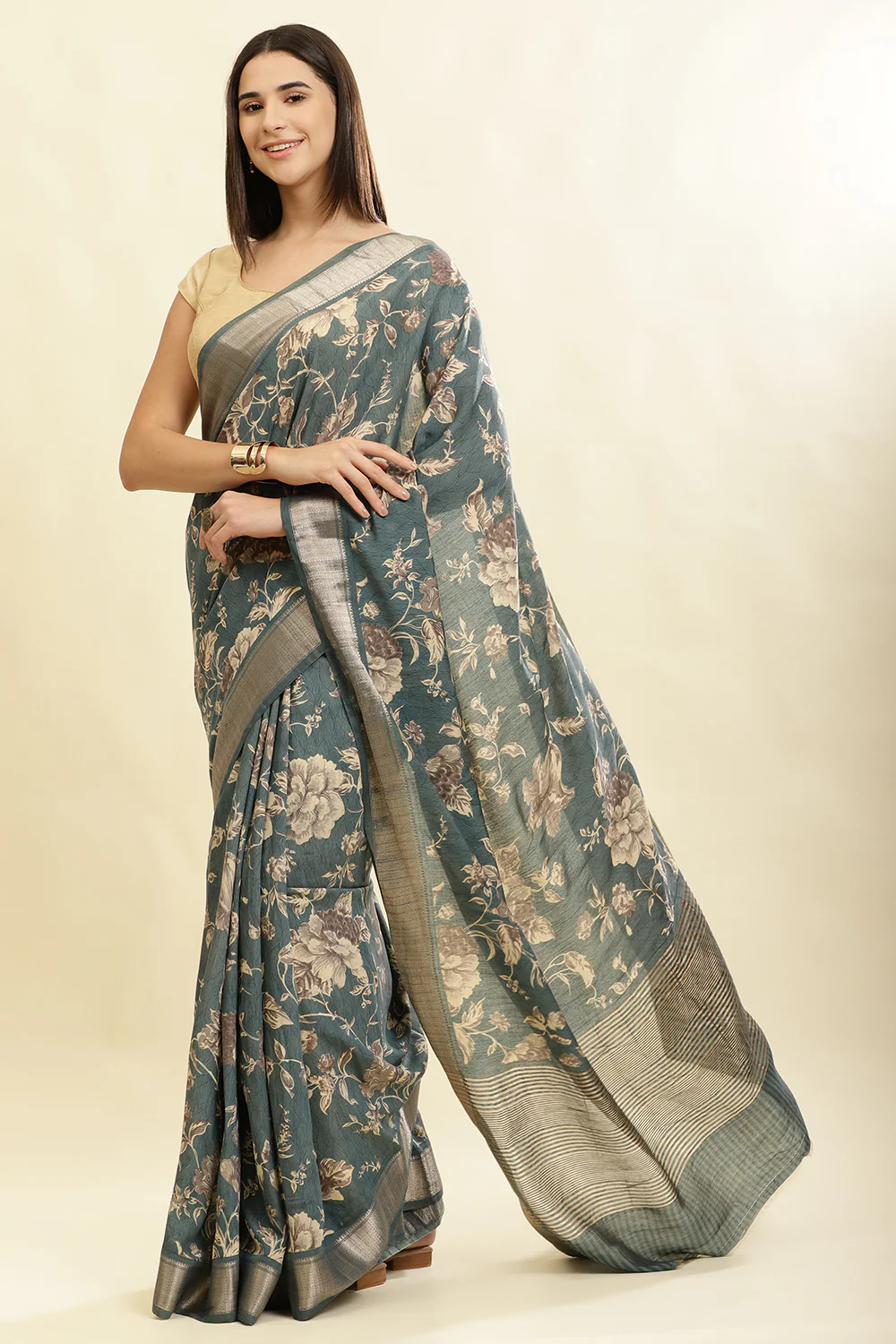 Sea Green Cotton Silk Floral Printed & Zari Border Saree - Image 5