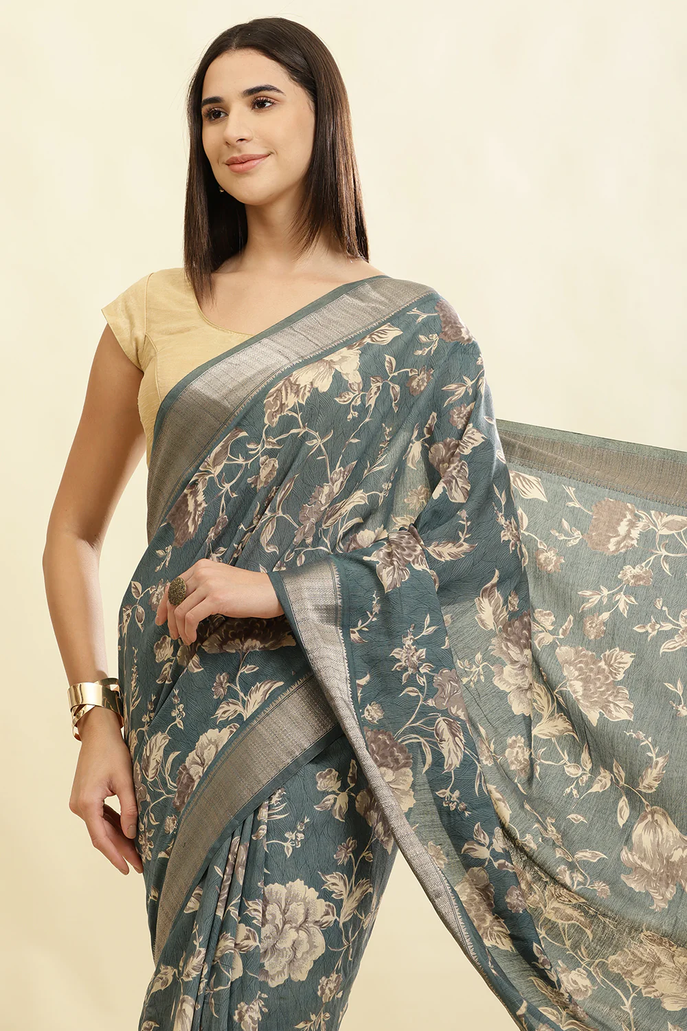 Sea Green Cotton Silk Floral Printed & Zari Border Saree - Image 6