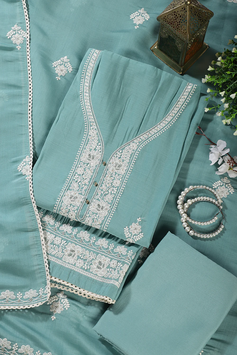 Sea Green Muslin Resham Embroidered Unstitched Suit Material - Image 2