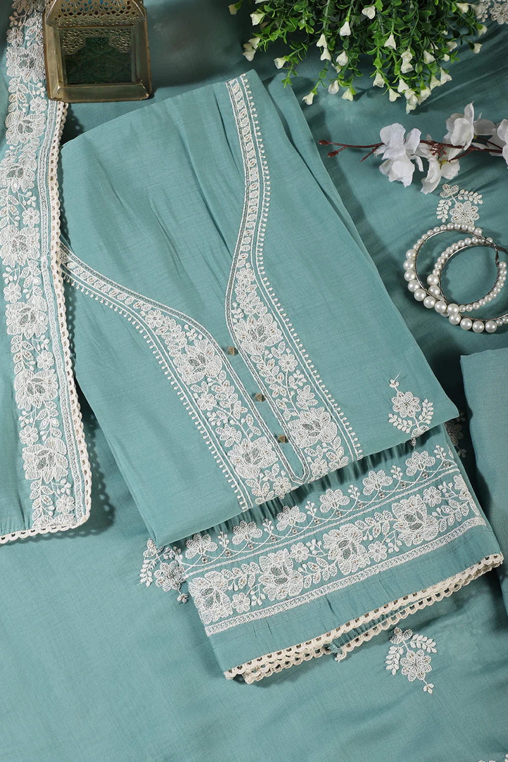 Sea Green Muslin Resham Embroidered Unstitched Suit Material - Image 4