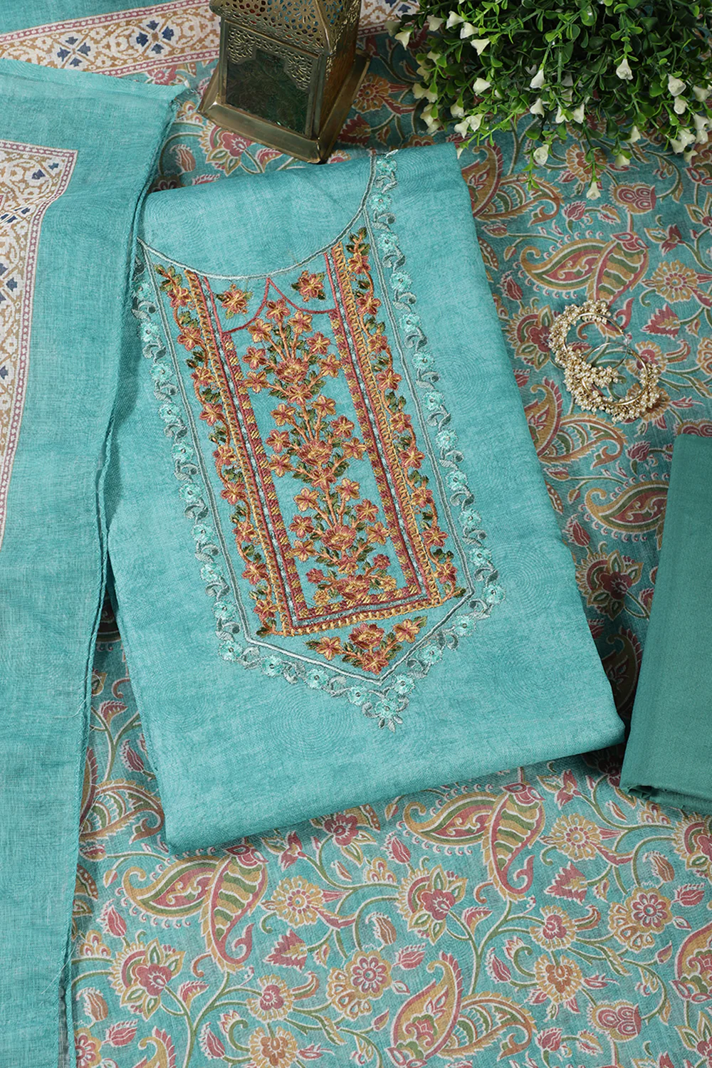 Seagreen Linen Cotton Resham Embroidered Unstitched Suit - Image 2