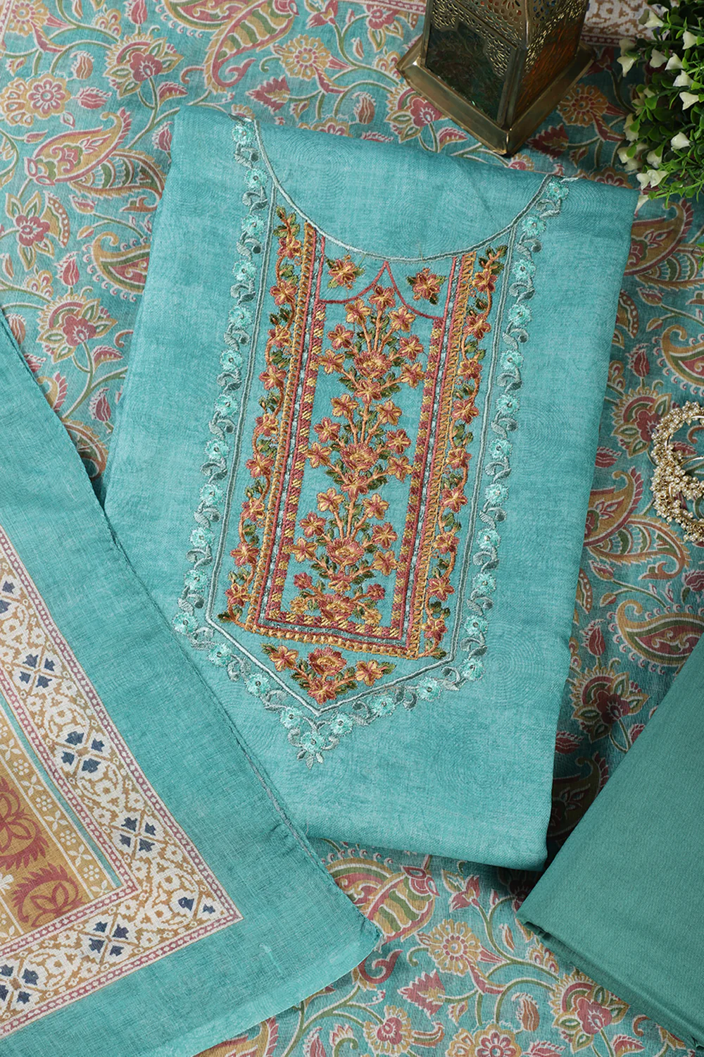 Seagreen Linen Cotton Resham Embroidered Unstitched Suit - Image 3