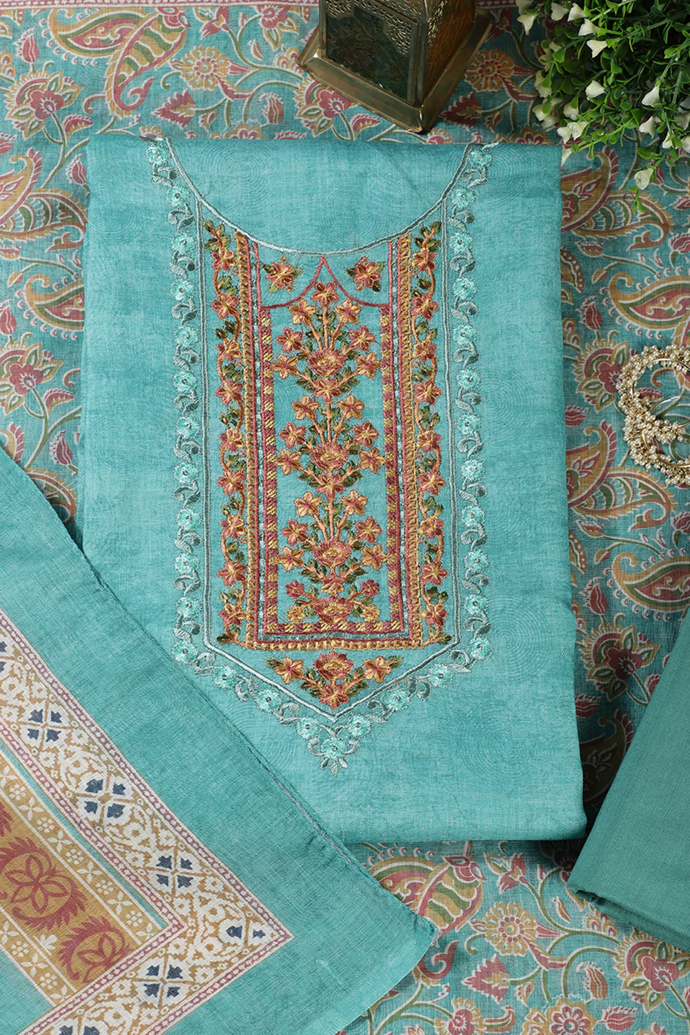 Seagreen Linen Cotton Resham Embroidered Unstitched Suit - Image 4