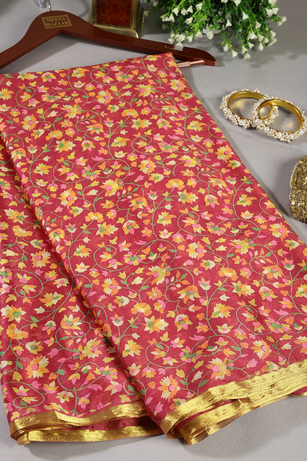 Shiraz Color Chiffon Floral Zari Border Printed Saree