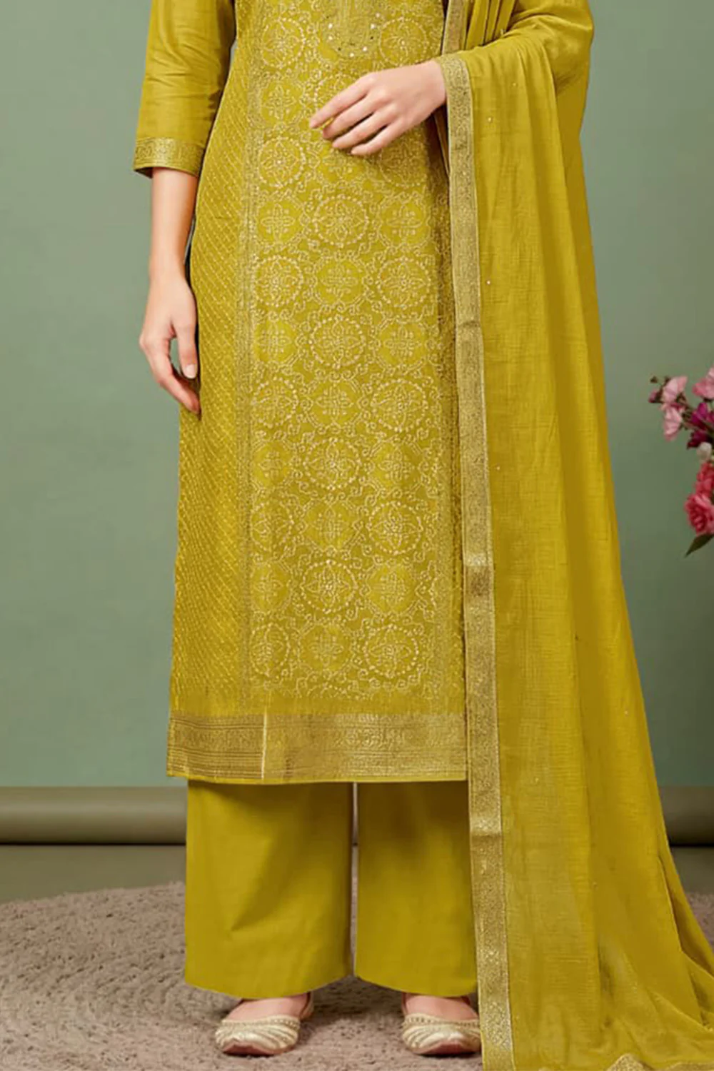 Soft Olive Green Silk Bandhani Printed and Zari Woven Unstitched Suit Fabric - Image 2