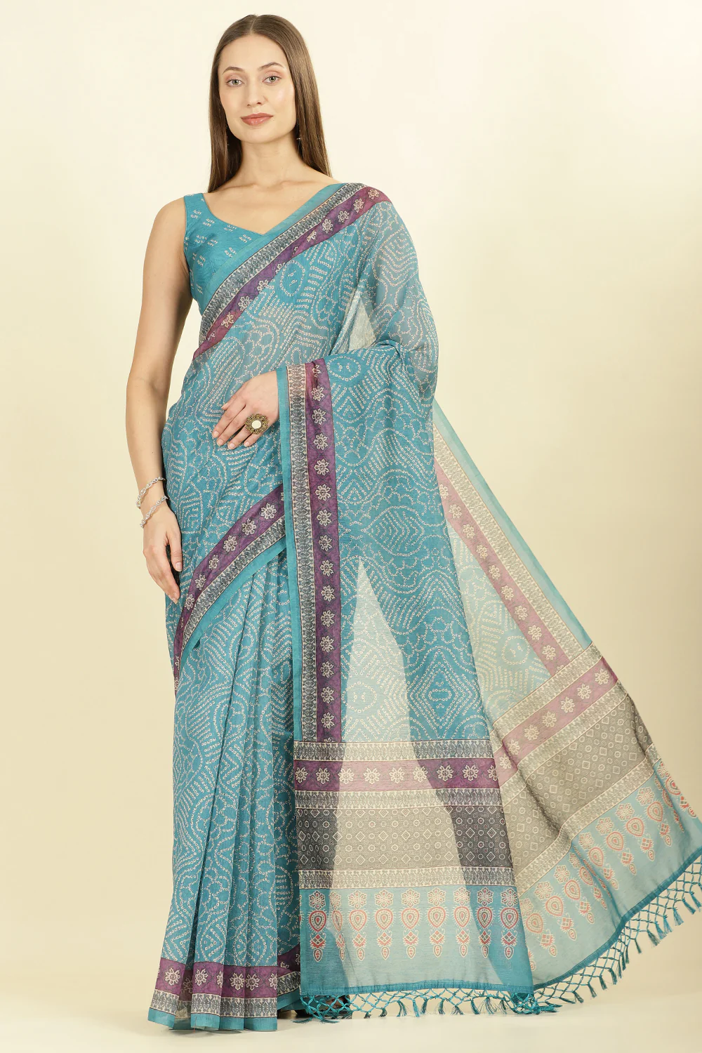 Teal Bandhani Printed Cotton Saree - Image 2