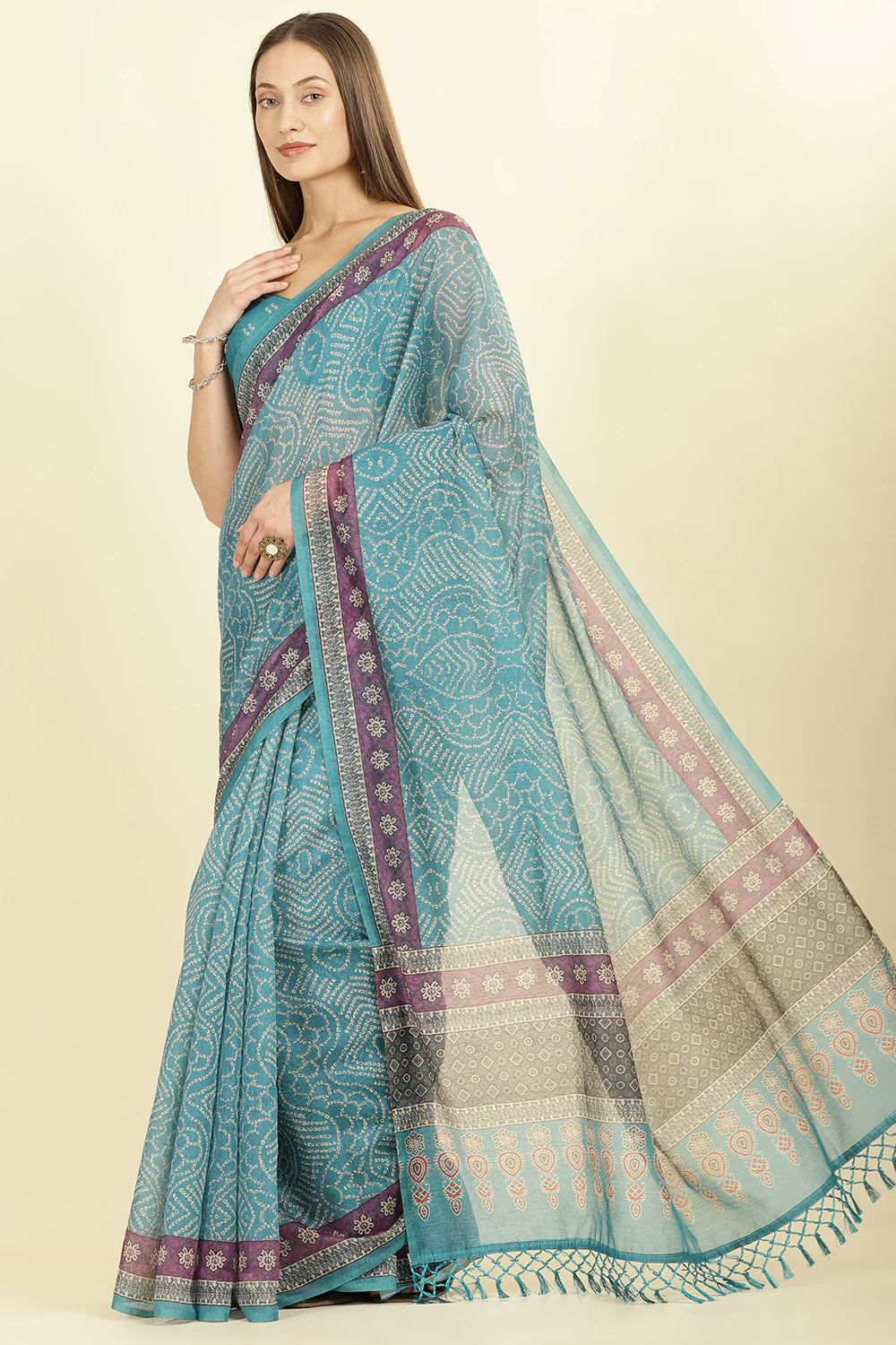 Teal Bandhani Printed Cotton Saree - Image 3