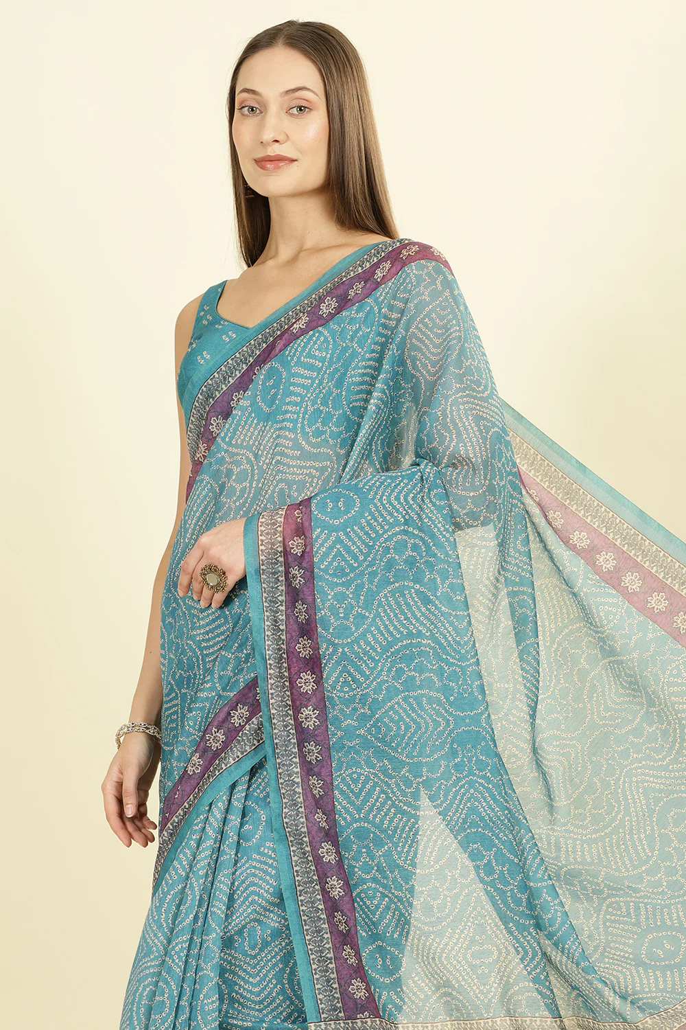 Teal Bandhani Printed Cotton Saree - Image 6