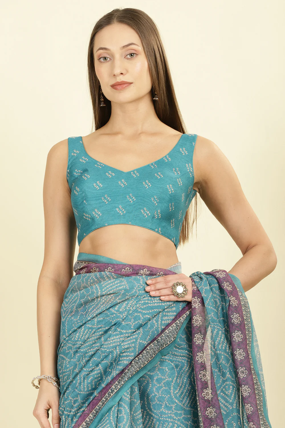 Teal Bandhani Printed Cotton Saree - Image 7
