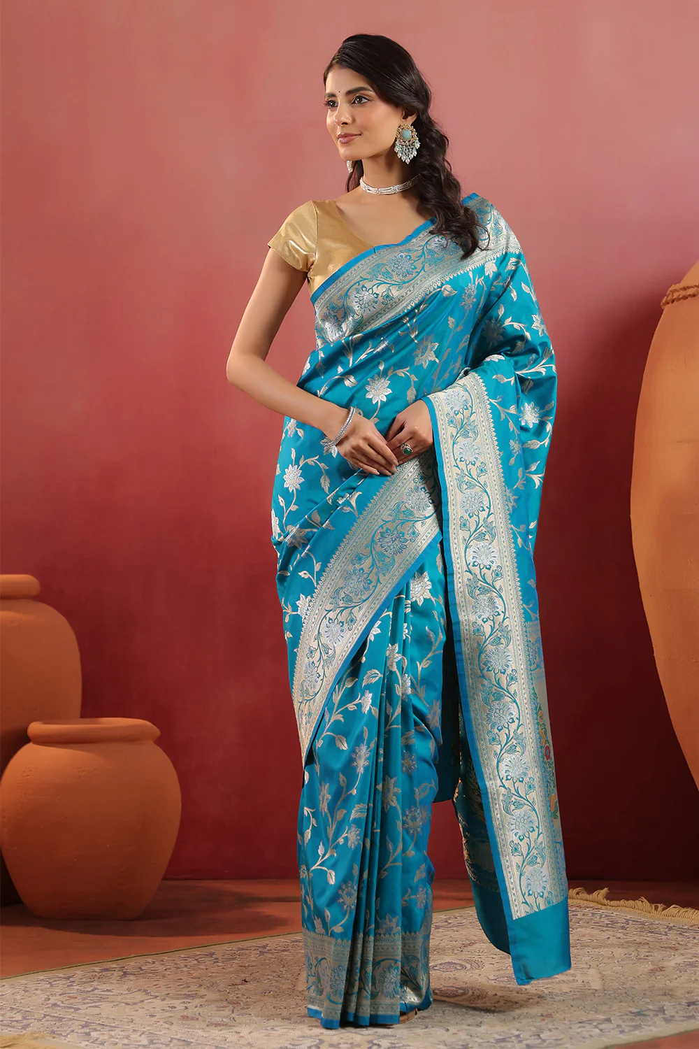 Teal Blue Banarasi Silk Woven Saree - Image 2