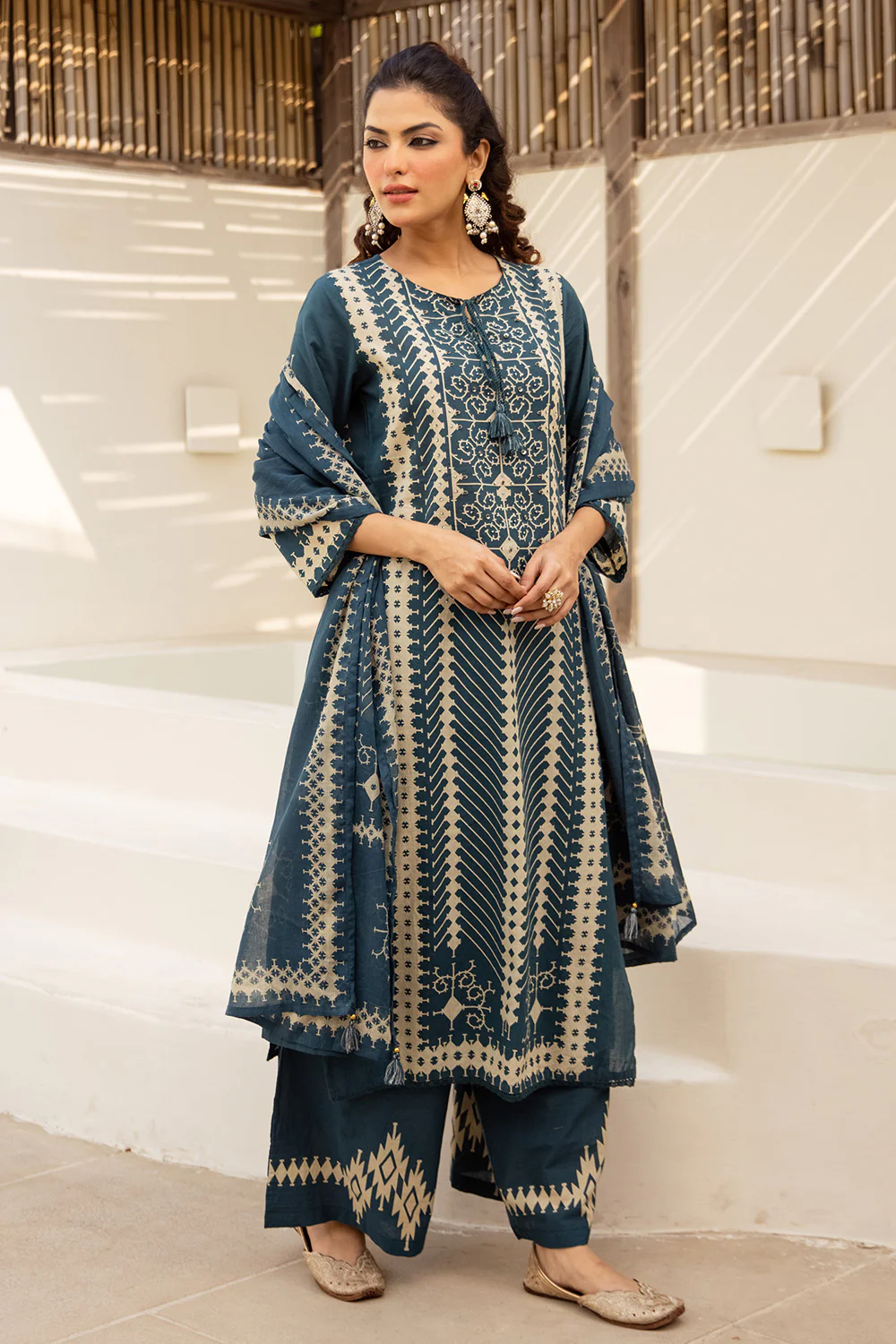 Teal Blue Cotton Printed Suit with Palazzo - Image 2