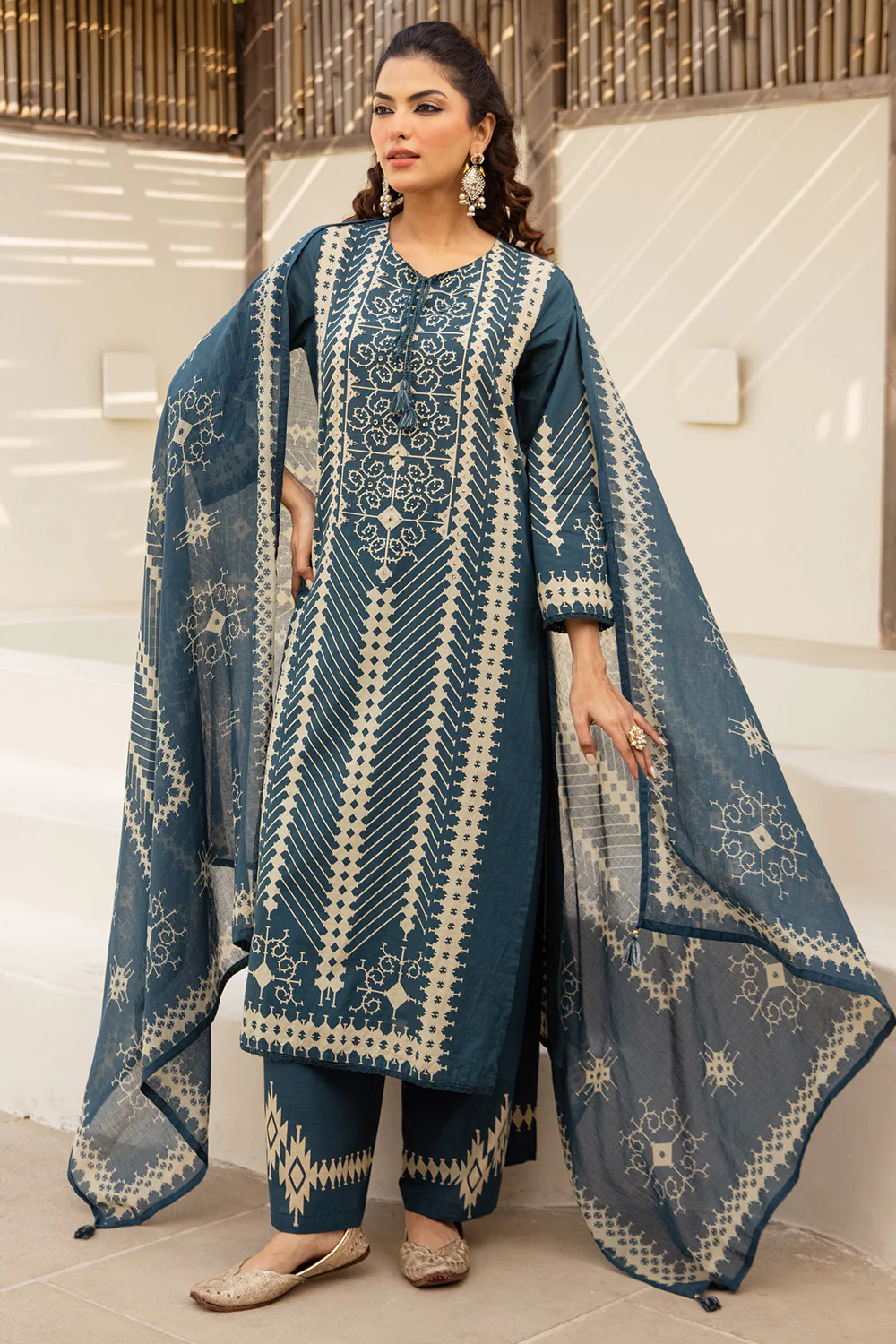 Teal Blue Cotton Printed Suit with Palazzo - Image 4