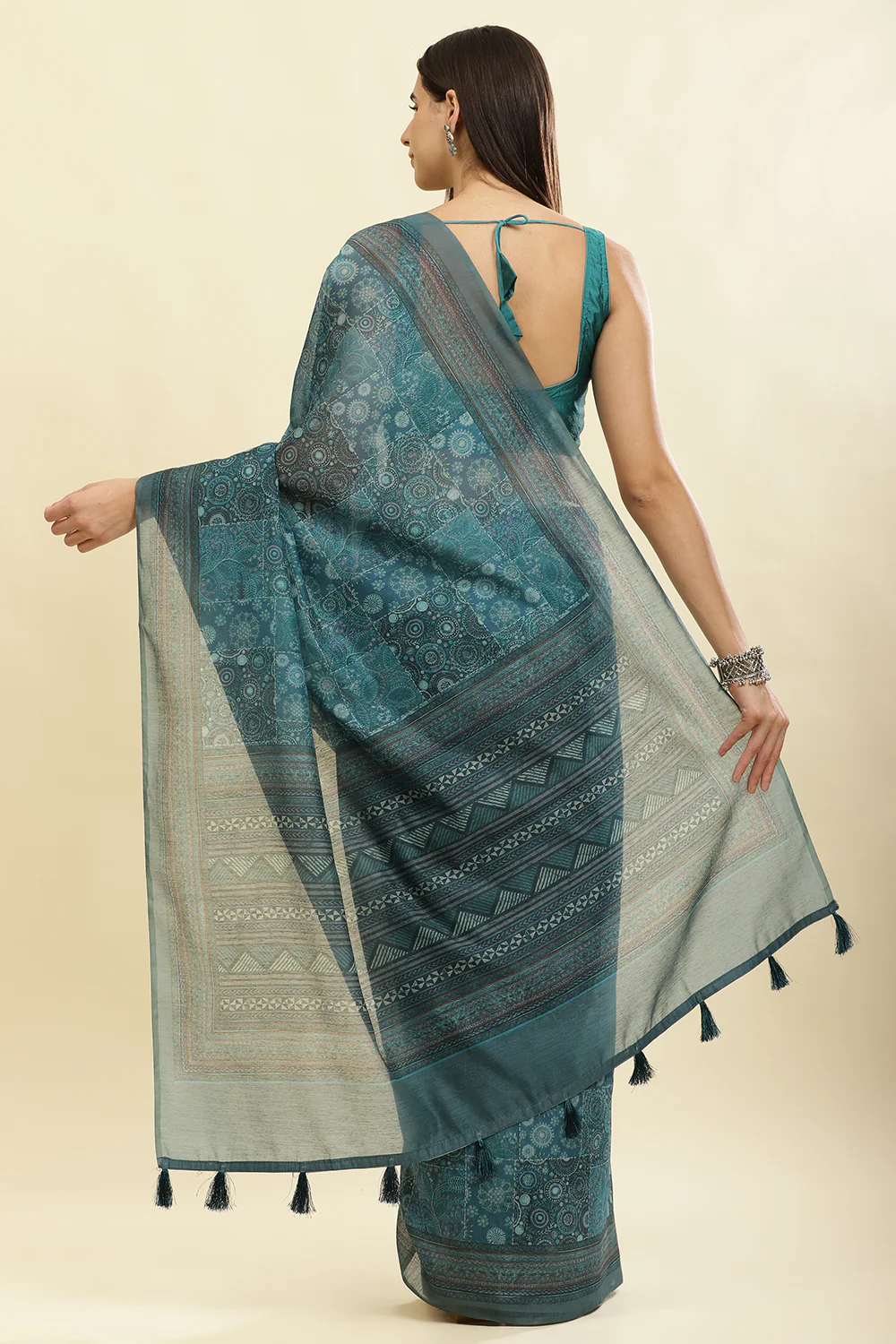 Teal Blue Cotton Silk Printed Saree - Image 2
