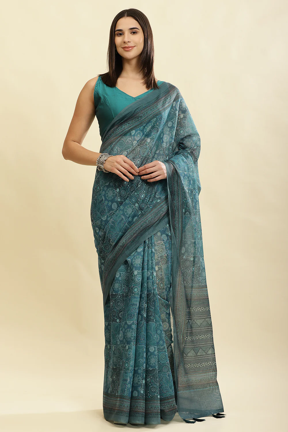 Teal Blue Cotton Silk Printed Saree - Image 3