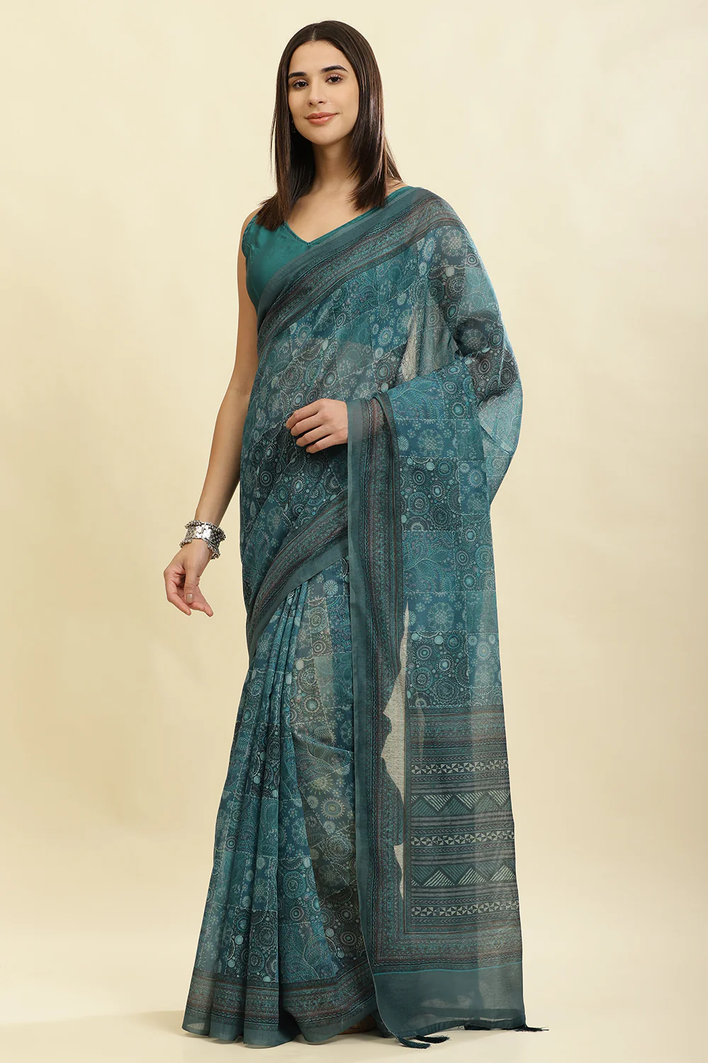 Teal Blue Cotton Silk Printed Saree - Image 4