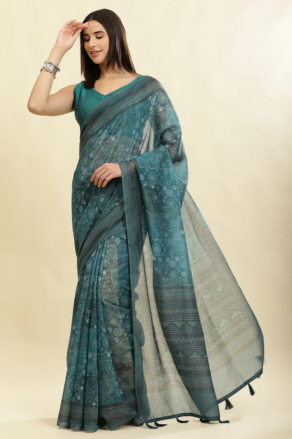 Teal Blue Cotton Silk Printed Saree - Image 5