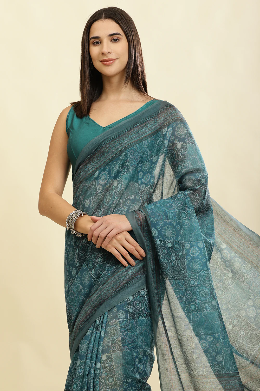 Teal Blue Cotton Silk Printed Saree - Image 6