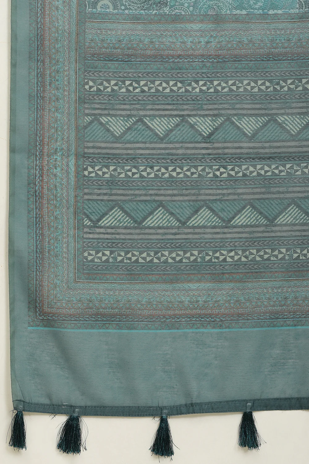 Teal Blue Cotton Silk Printed Saree - Image 8