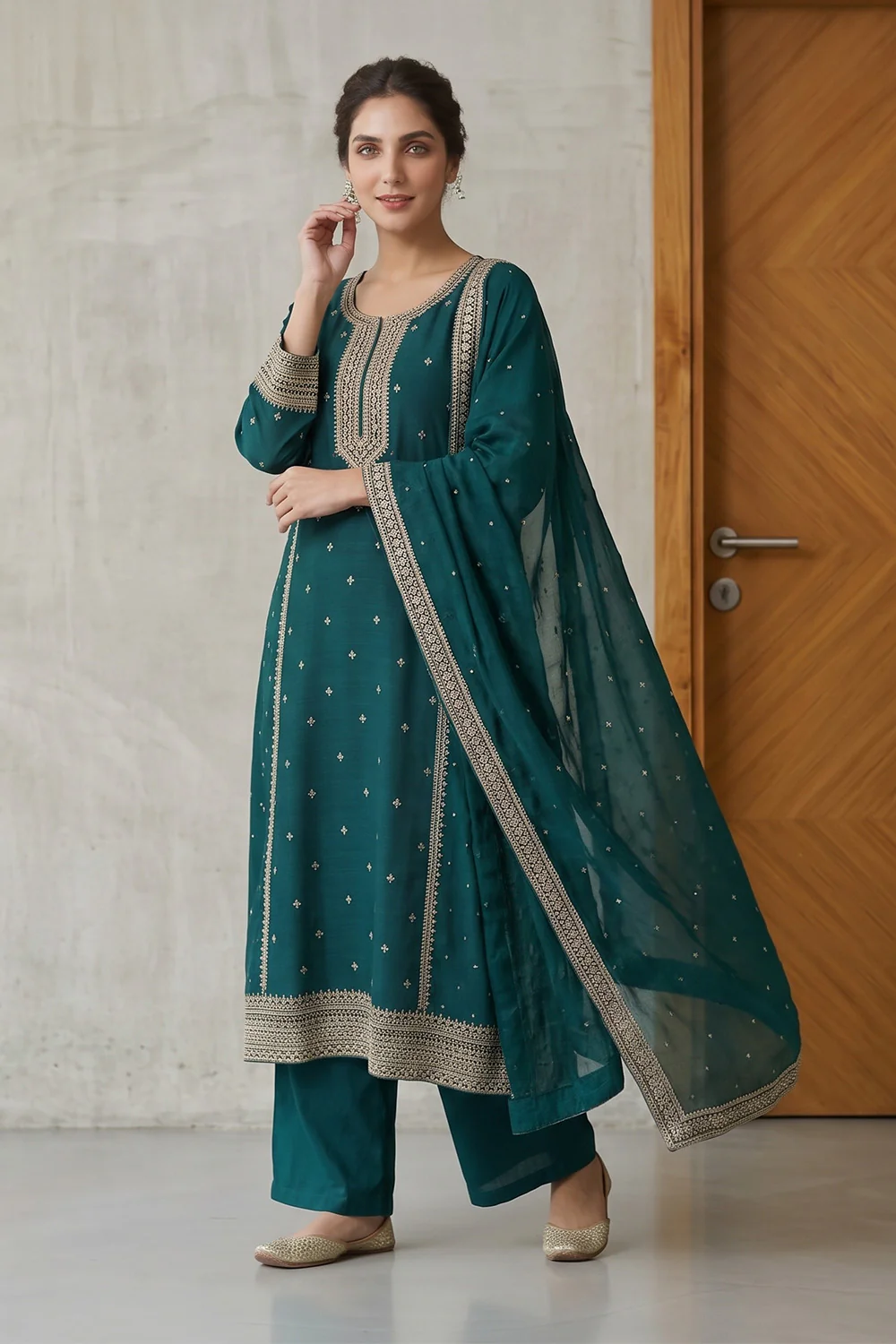 Teal Blue Crepe Silk Zari and Sequins Embroidered Anarkali Suit - Image 3