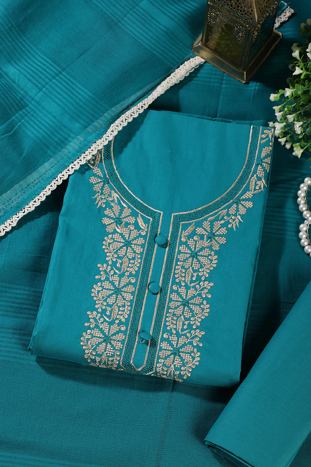 Teal Cotton Resham Embroidered Unstitched Suit - Image 2