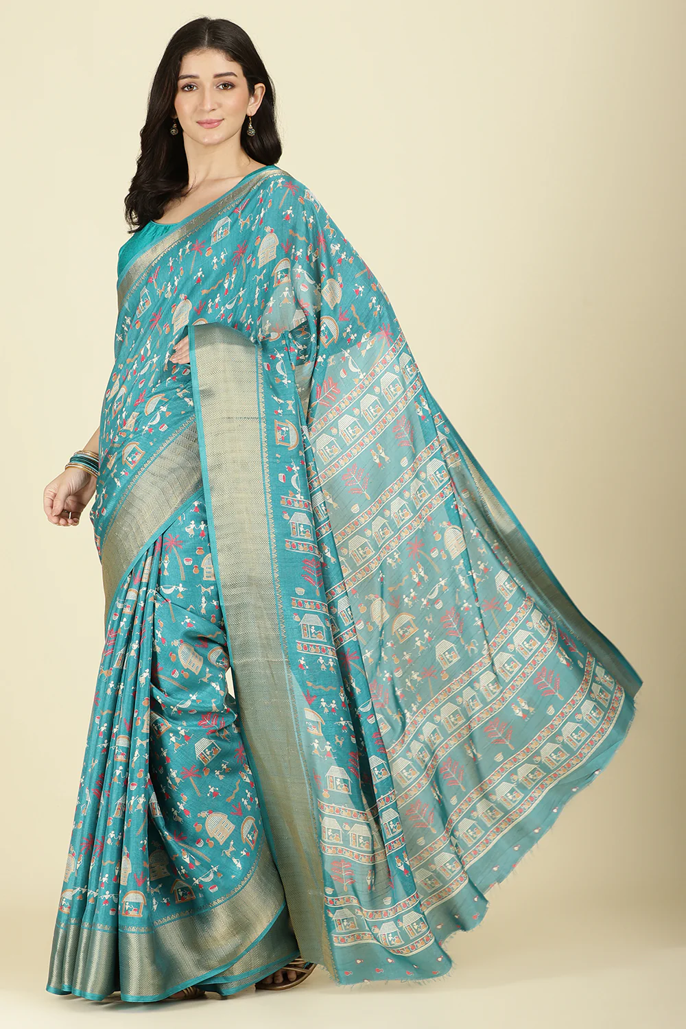Teal Cotton Silk Printed Saree - Image 2