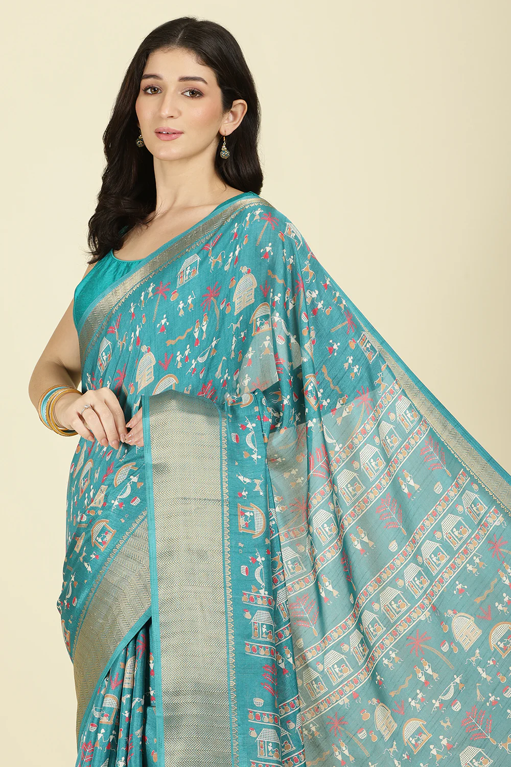 Teal Cotton Silk Printed Saree - Image 6