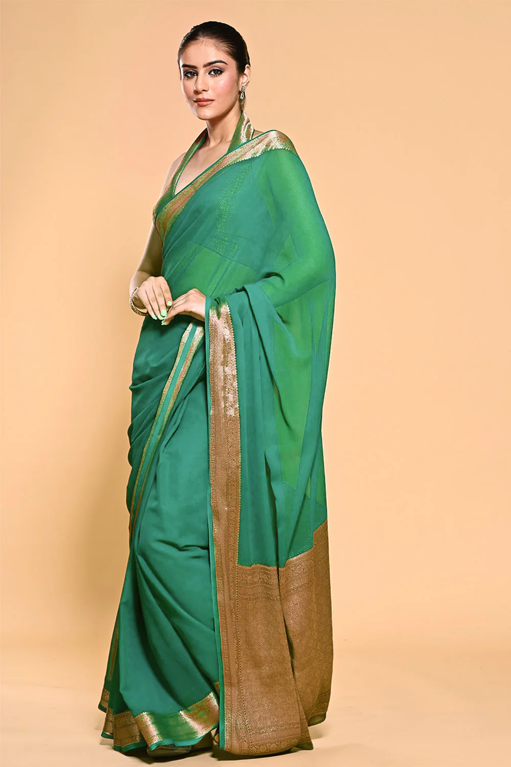 Teal Green Color Georgette Woven Saree - Image 3