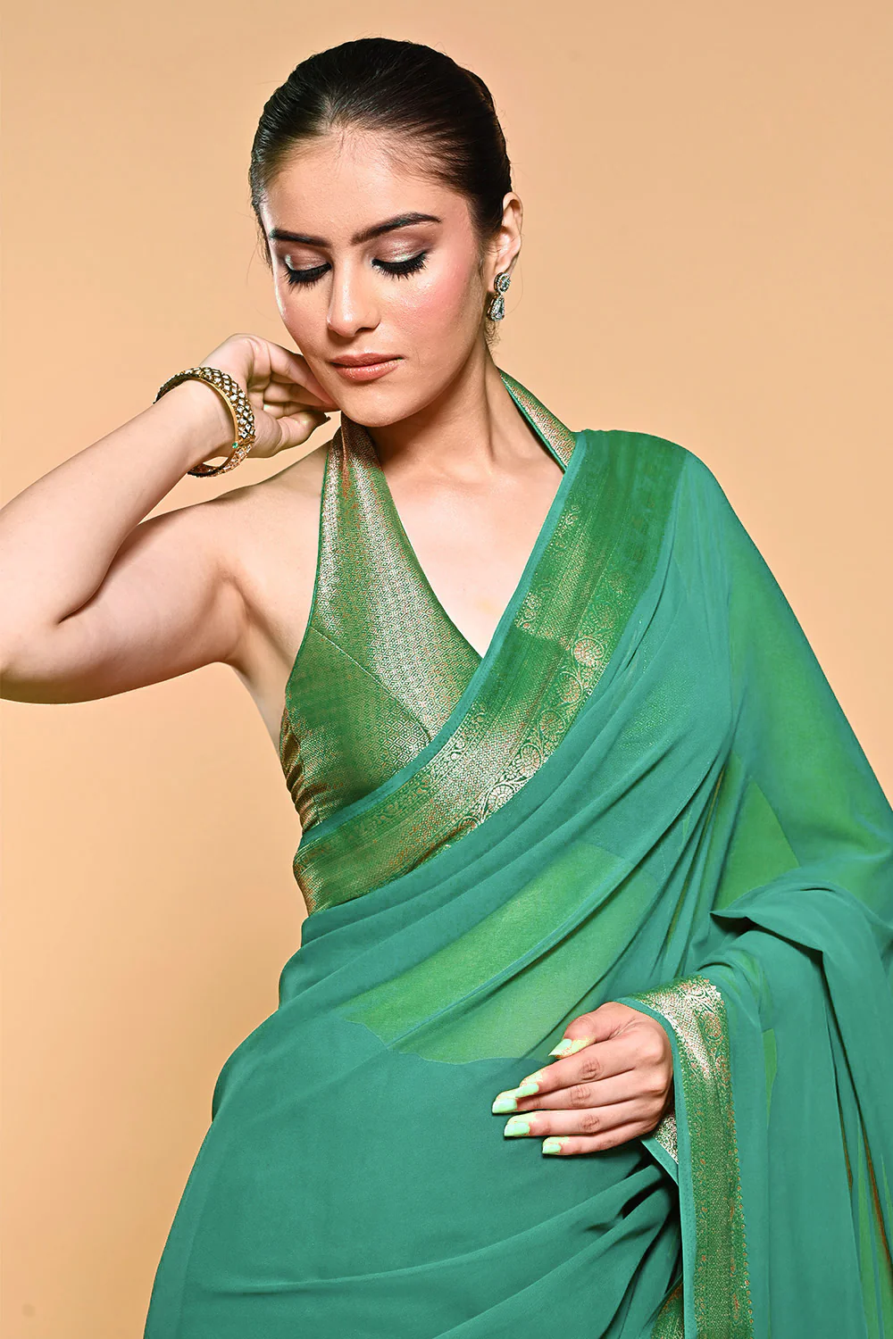 Teal Green Color Georgette Woven Saree - Image 4