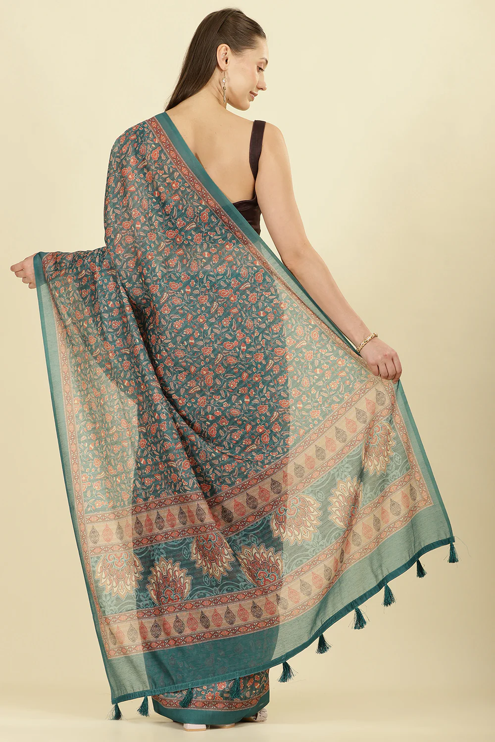 Teal Green Floral Printed Cotton Silk Saree - Image 3