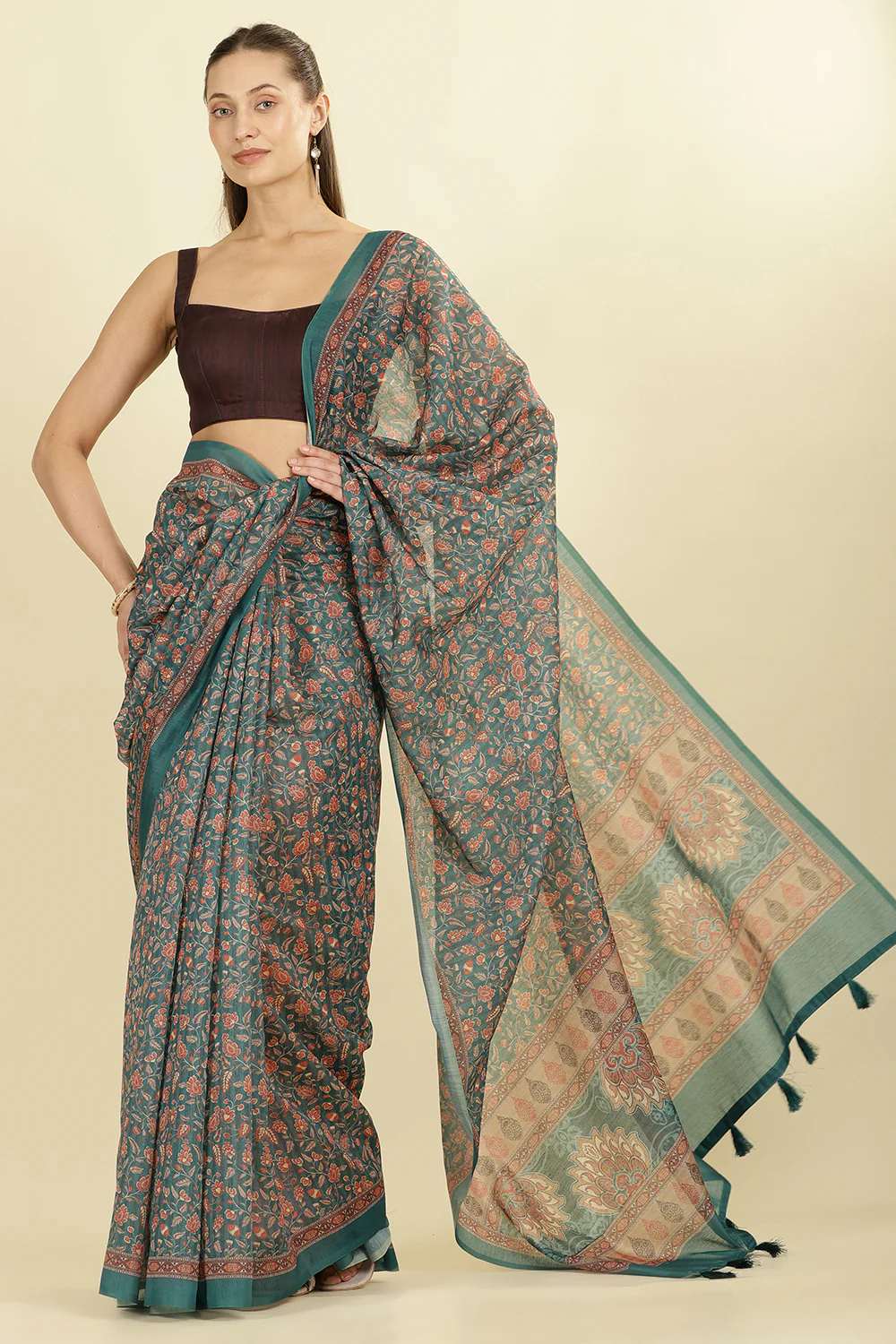 Teal Green Floral Printed Cotton Silk Saree - Image 4