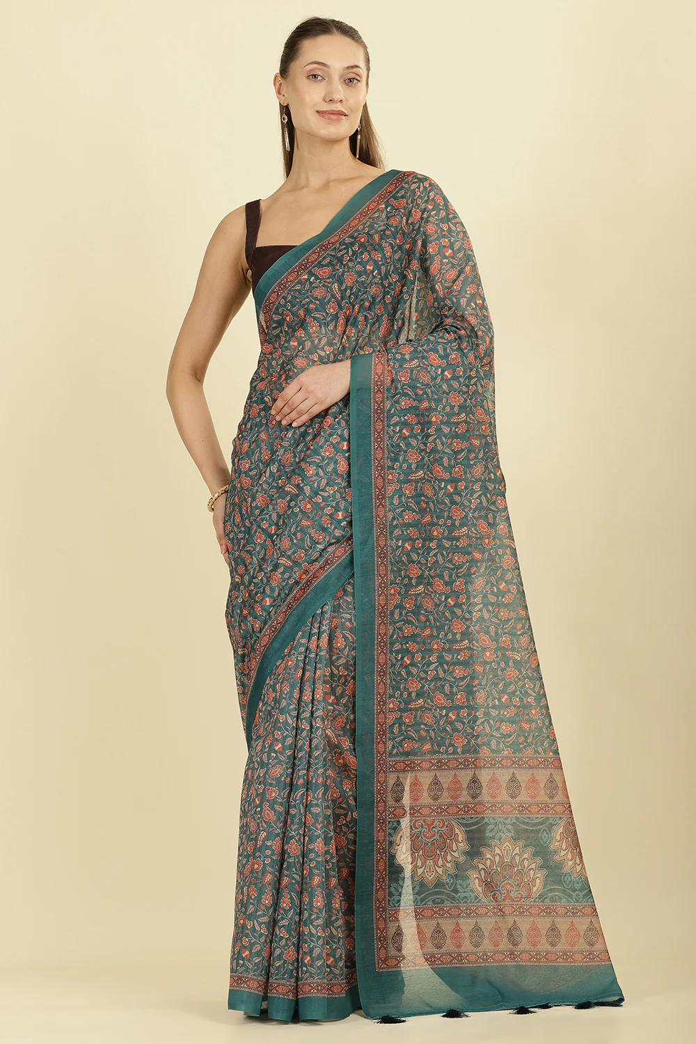 Teal Green Floral Printed Cotton Silk Saree - Image 5